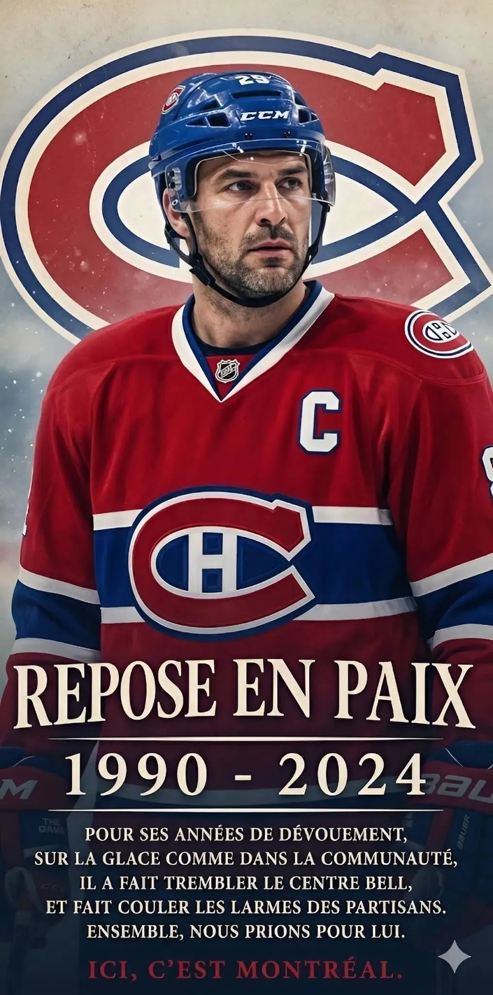 Cover Image for 💔C’est vraiment déchirant. : Toute la communauté montréalaise et du hockey québécois présente ses plus sincères condoléances à la famille de l’ancien joueur vedette des Canadiens de Montréal,