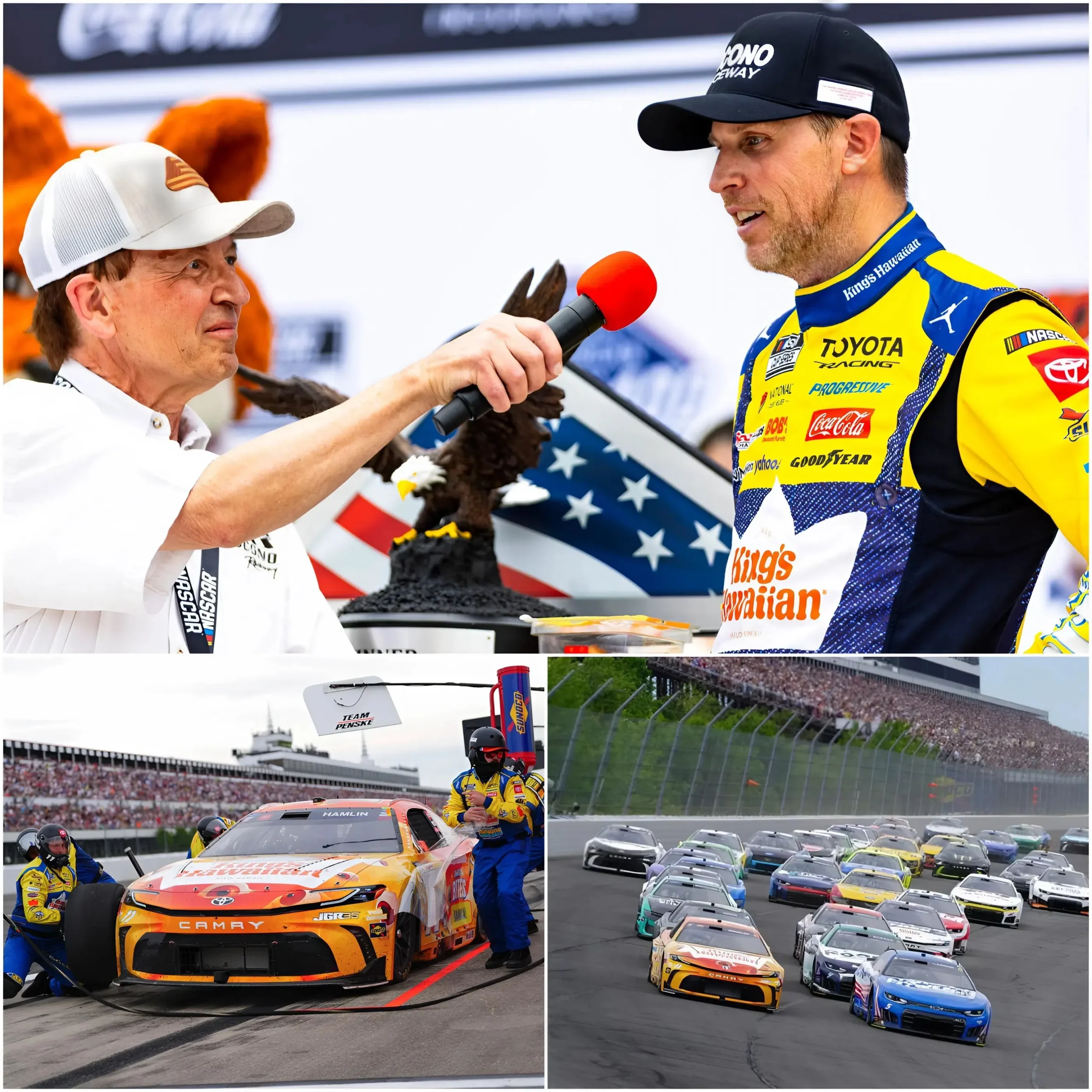 Cover Image for “IT WAS A GREAT RACE, BUT THERE’S STILL ONE THING I’M NOT HAPPY ABOUT…” NASCAR star Denny Hamlin made the statement immediately after his victory at Pocono Raceway. Hamlin admitted that he still made several small mistakes during the race