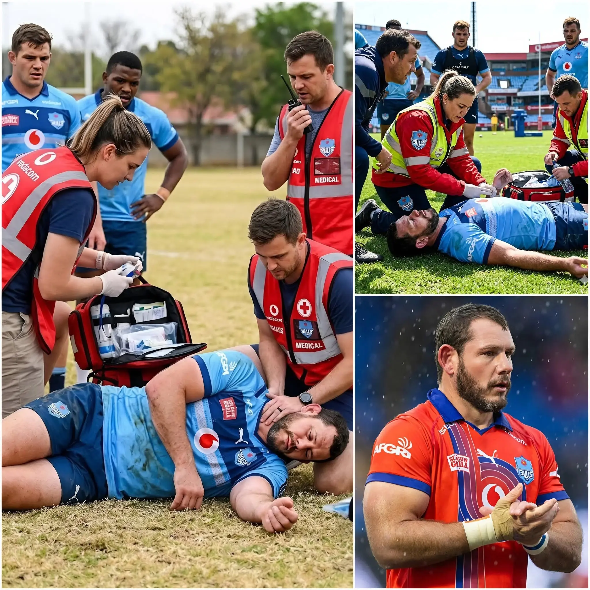 Cover Image for 10 MINUTES AGO: Tension engulfed the training ground during a routine session when Bulls player Marcell Coetzee was suddenly forced to stop due to a serious medical issue on the field. Medical and security staff immediately rushed in, while coaches and spectators watched in stunned silence.
