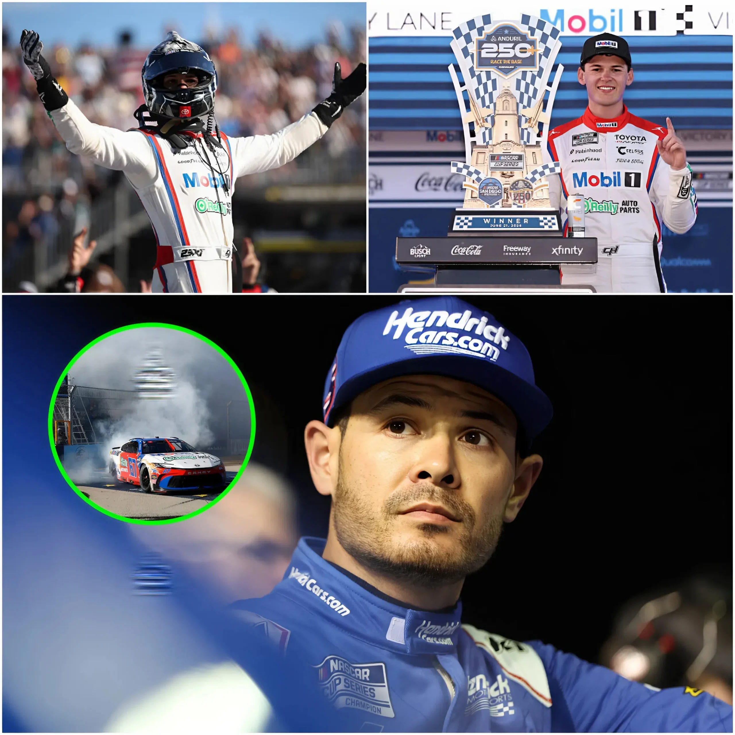 Cover Image for đïžđŽ âHE CHEATED TO WIN!â Kyle Larson has accused Corey Heim of using illegal technology on his car during the Anduril 250 race at the Naval Base Coronado circuit.